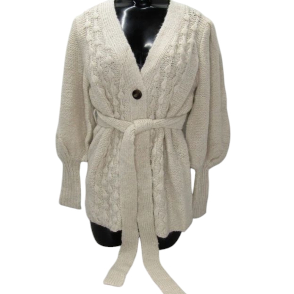 Toccin Womens Cardigan Short Popcorn Button Up Waist Tie Size M Vanilla Beige